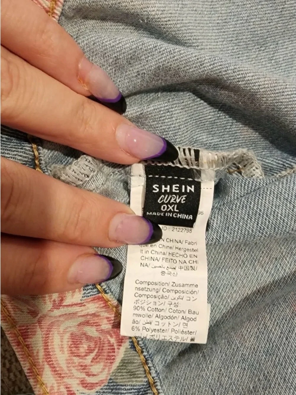 SHEIN Light Blue Denim Jacket with Pink Rose Print - Picture 3 of 6